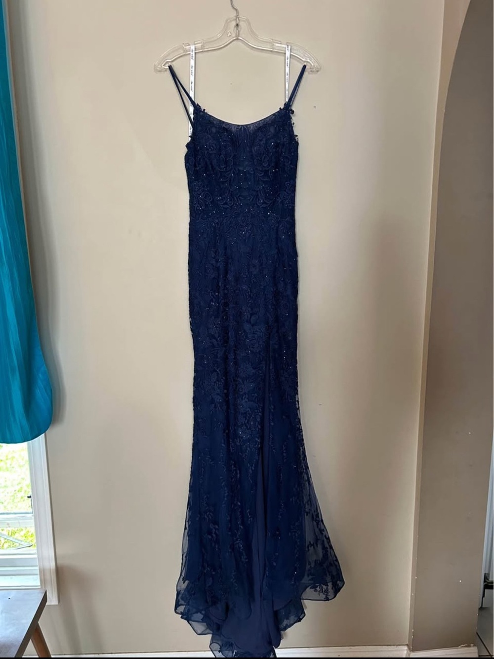 Navy Beaded Spaghetti-Strap Prom Dress